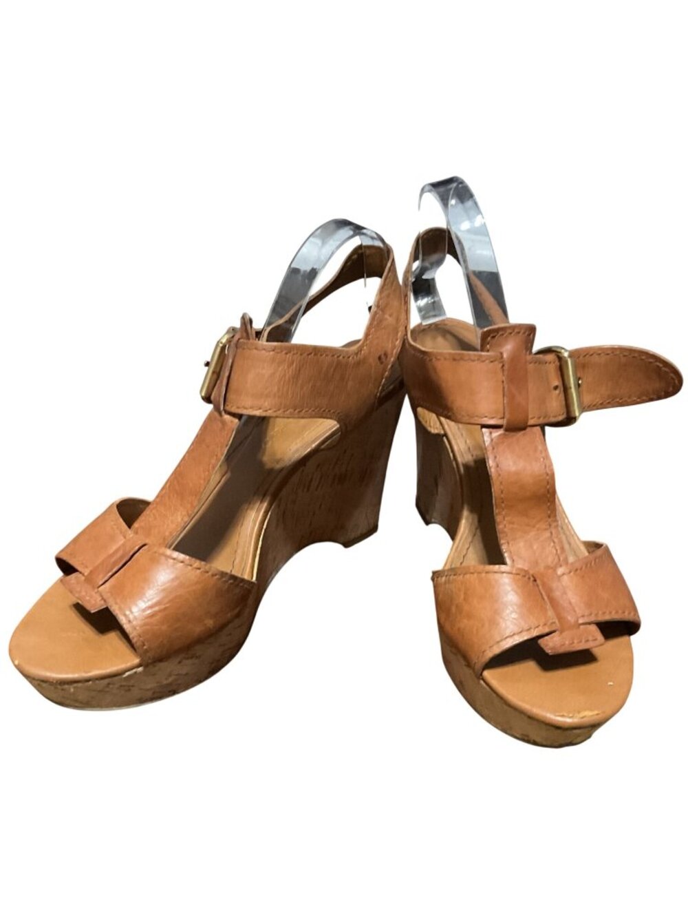 Franco Sarto Focus Platform Wedge T-Strap Leather Sandals Shoes Buckle Sz 10 Tan